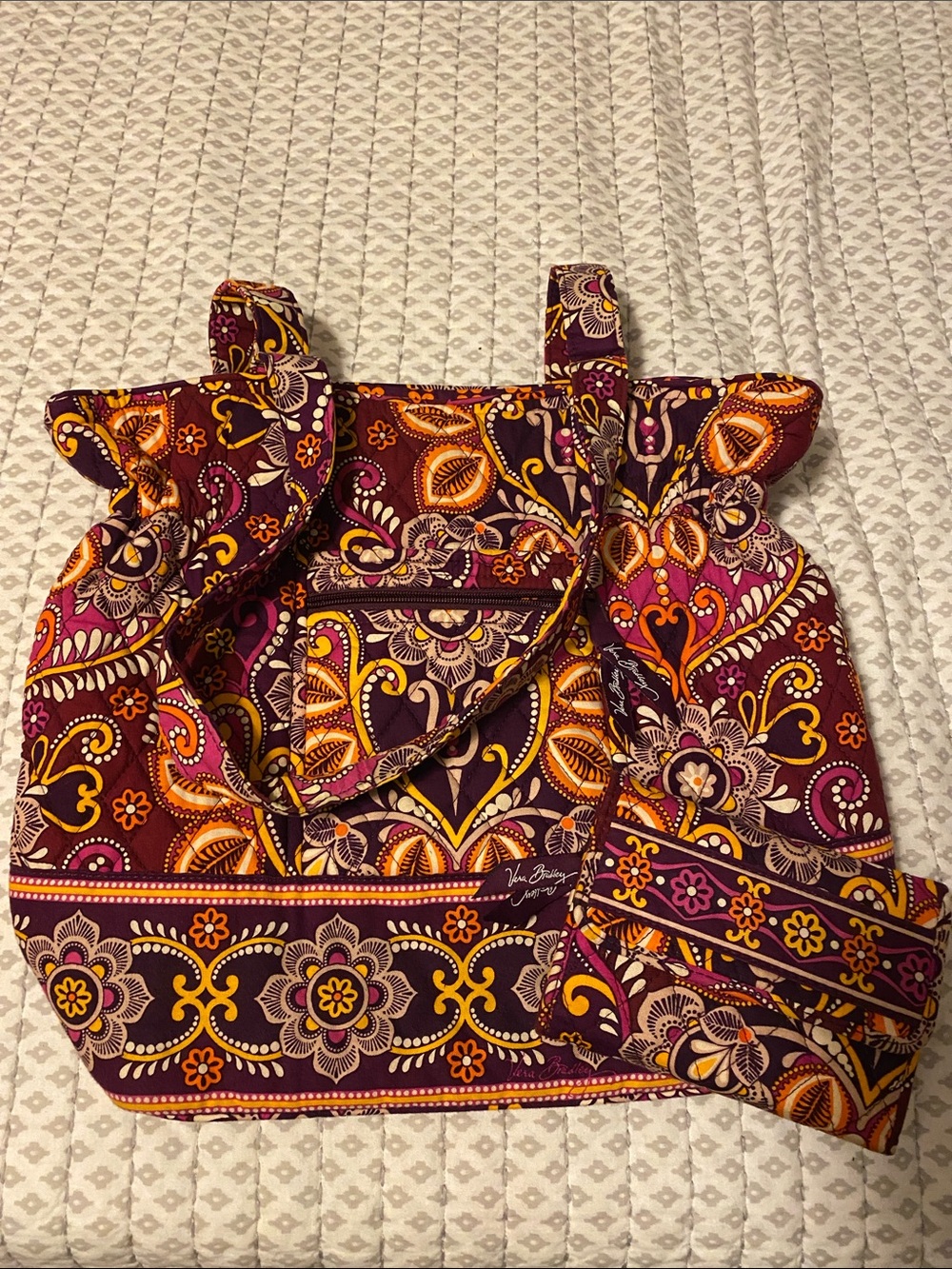 Vera Bradley Quilted Tote in Plum, Mustard and Pink Paisley with Matching Wallet